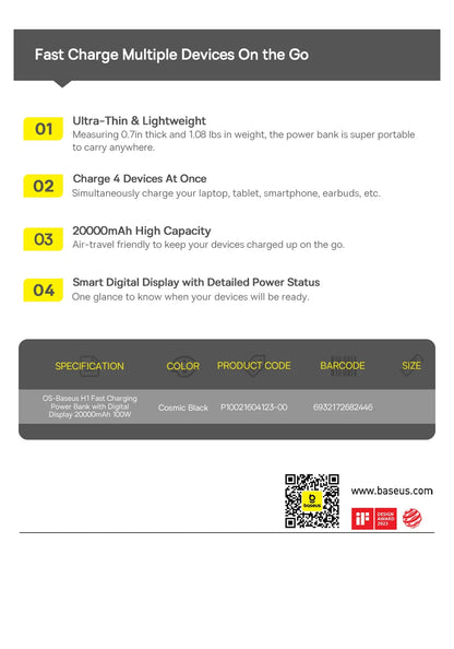 Baseus Power Bank 20000mAh – 100W PD – Charge Rapide pour Ordinateurs Portables, Smartphones et Tablettes - BLACKBEARD OUTDOOR INDUSTRIES