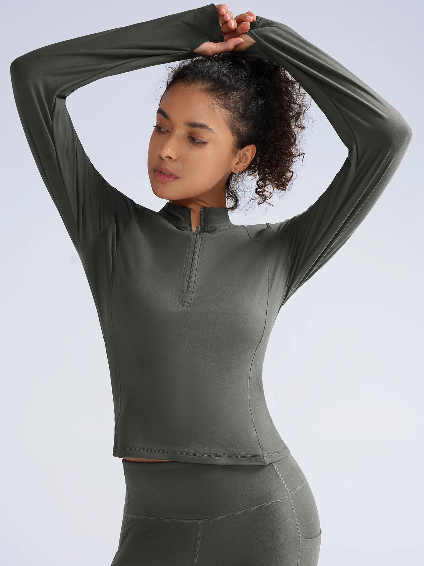 Chemise Randonnée Femme Manches Longues – Demi-Zip Poches Pouces Camping Outdoor