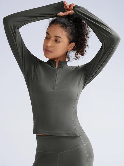 Chemise Randonnée Femme Manches Longues – Demi-Zip Poches Pouces Camping Outdoor