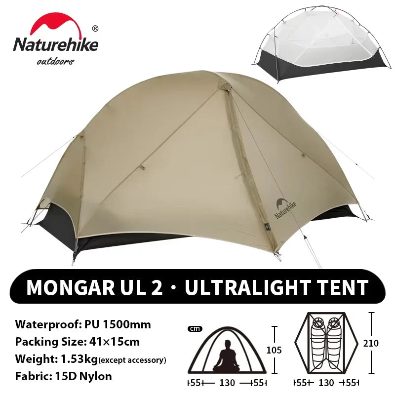 Tente Ultra-Légère Naturehike Mongar UL 2 Personnes – 3 Saisons, 15D/20D, Imperméable 3000mm