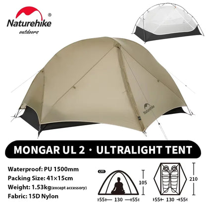 Tente Ultra-Légère Naturehike Mongar UL 2 Personnes – 3 Saisons, 15D/20D, Imperméable 3000mm