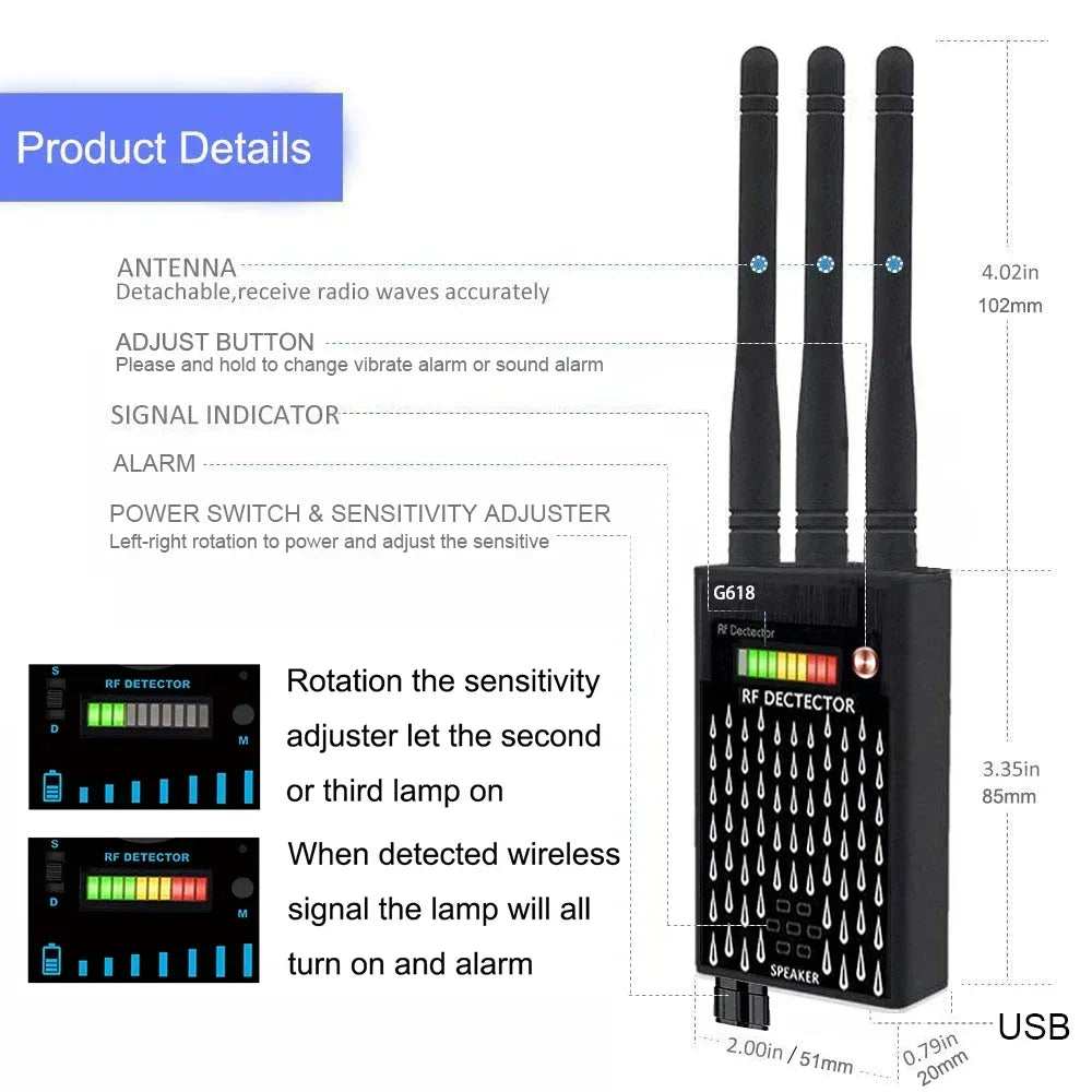 Détecteur RF Anti-Espion Polyvalent – Caméra Espion, GPS, Micro, Drone, Signal GSM 2G/3G/4G/5G Ma boutique