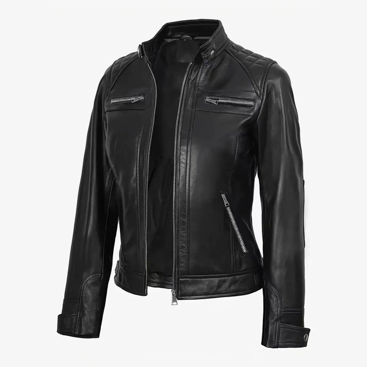Veste en Cuir PU Femme Style Moto – Col Officier, Slim Fit, Sà XXL