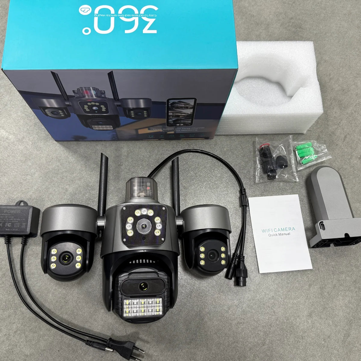 Caméra de Sécurité WiFi 360° Triple Objectif 15MP – Suivi IA, Vision Nocturne Couleur, Extérieur IP66