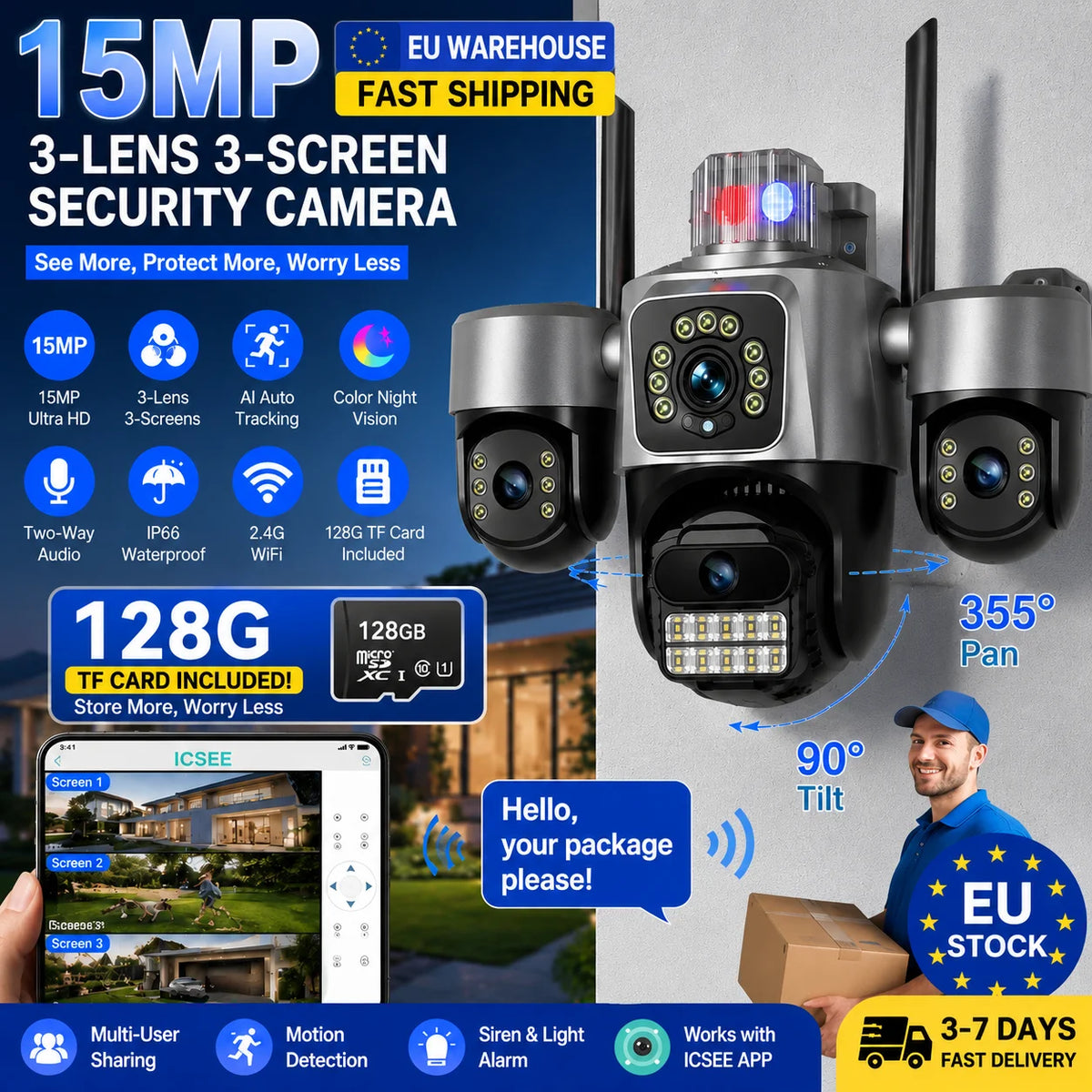 Caméra de Sécurité WiFi 360° Triple Objectif 15MP – Suivi IA, Vision Nocturne Couleur, Extérieur IP66