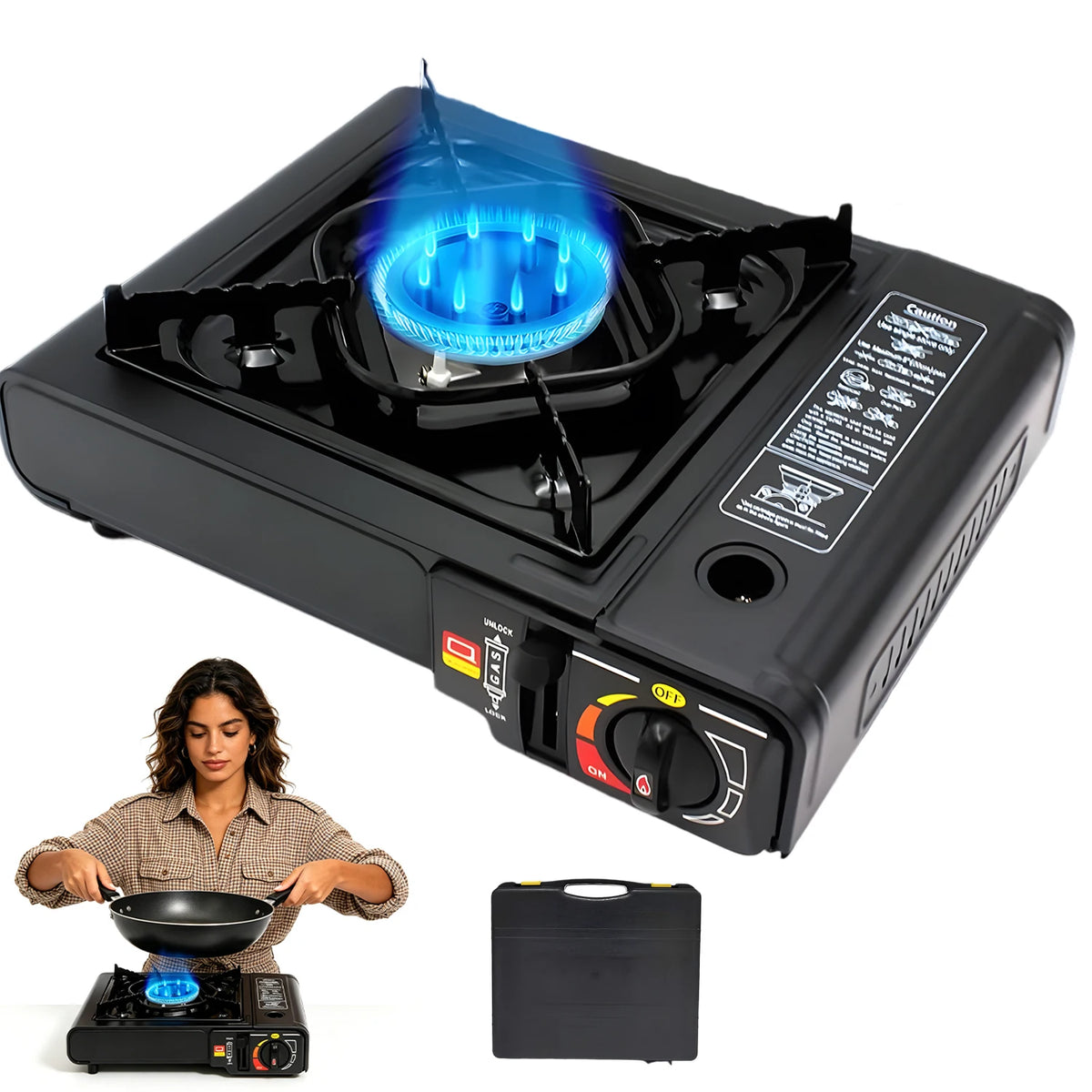Réchaud à Gaz Portable – Allumage Piézoélectrique, Housse Incluse, Camping Randonnée Pique-Nique