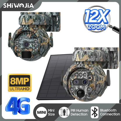 Caméra Solaire Camouflage SHIWOJIA 515-12X 4G 8MP Zoom 12x – Double Objectif, Batterie 7800mAh, IP65 | Chasse & Surveillance Outdoor