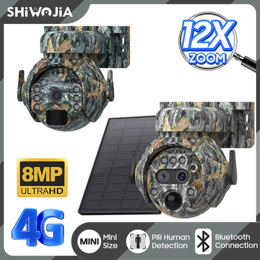 Caméra Solaire Camouflage SHIWOJIA 515-12X 4G 8MP Zoom 12x – Double Objectif, Batterie 7800mAh, IP65 | Chasse & Surveillance Outdoor