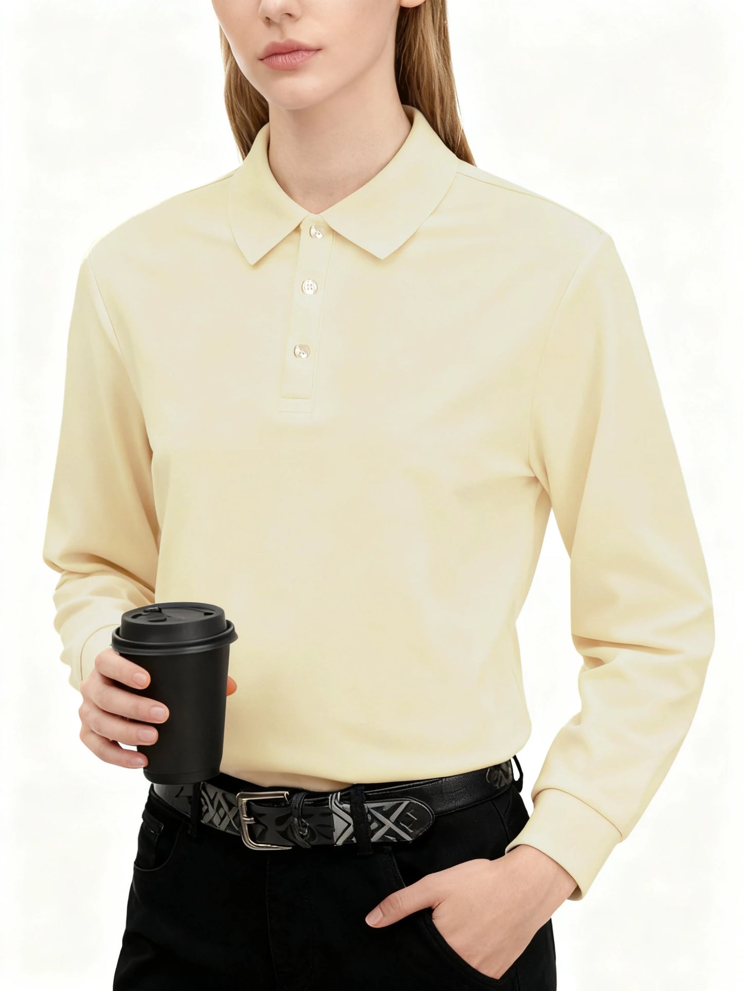 Polo Femme Manches Longues Slim – Col Chemise Respirant, Style Sportif S à XXL