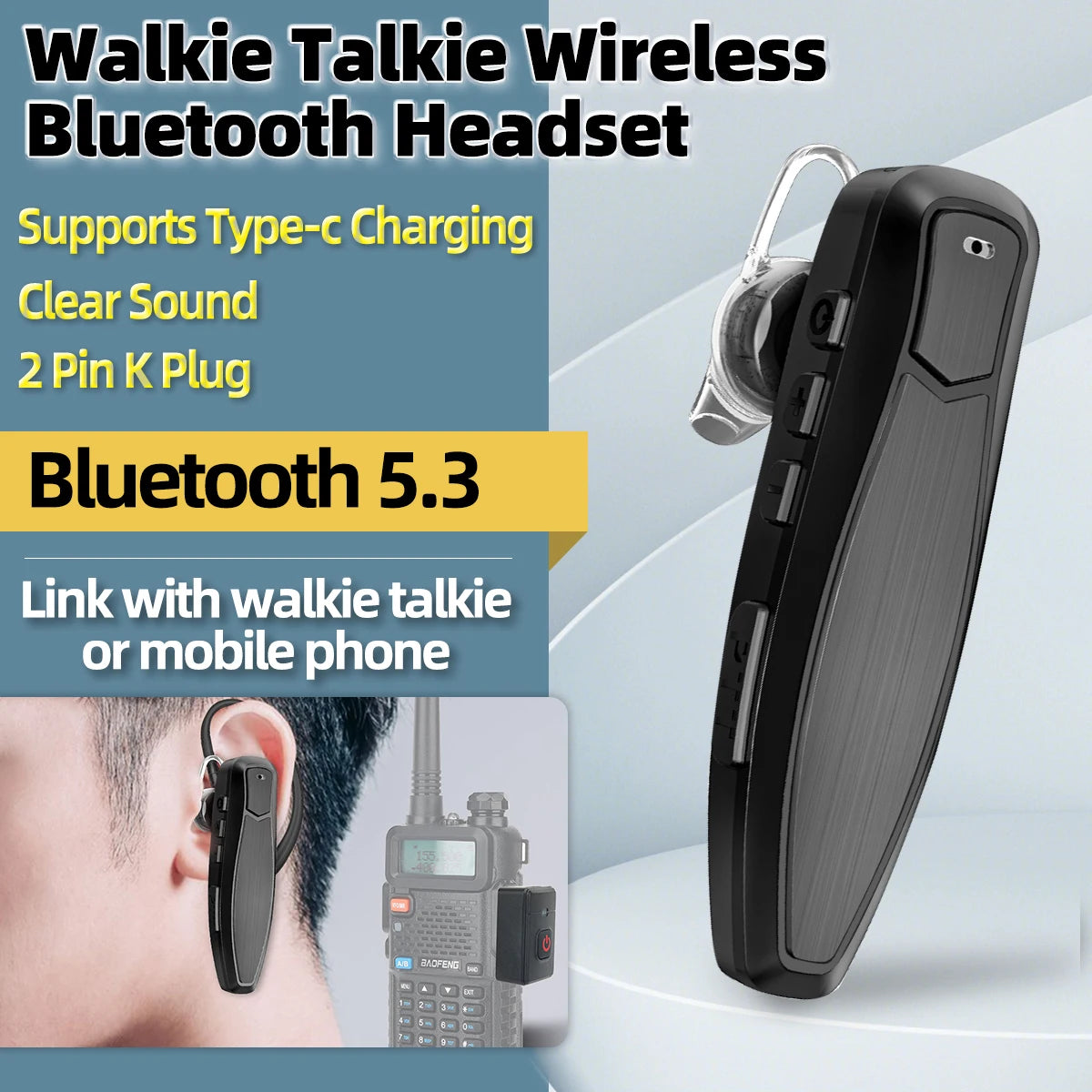 Oreillette Bluetooth Mains Libres pour Talkie-Walkie – PTT Sans Fil, Compatible Kenwood, Baofeng UV-5R, Quansheng