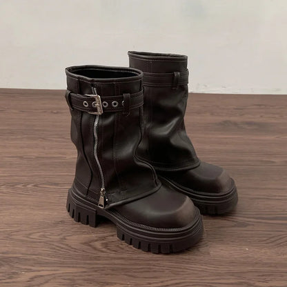 Bottes motardes femme mi-mollet à boucle