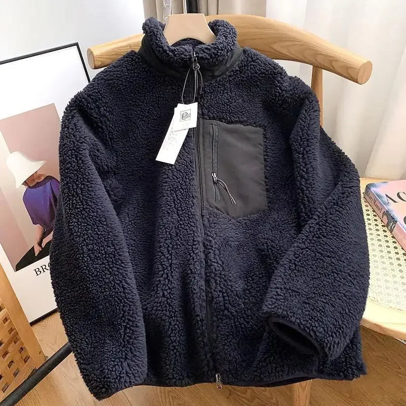 Autumn and Winter Japanese Men's and Women's Fleece Stand Neck Jacket Couple Zipper Loose Warm Lamb Wool Coat Solid Color Jacket BLACKBEARD OUTDOOR INDUSTRIES