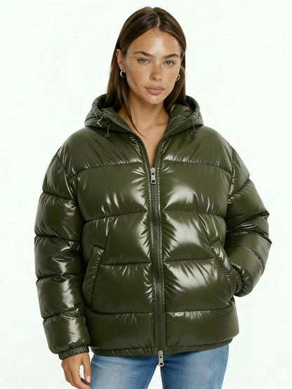 Doudoune brillante femme à capuche, hiver, coupe courte