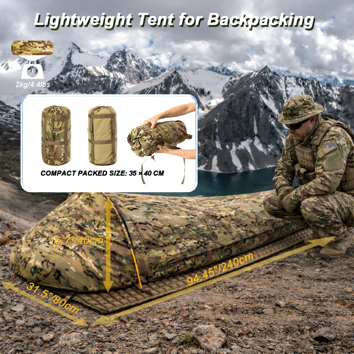 Tente de bivouac 1 place camouflage – 220 × 90 cm