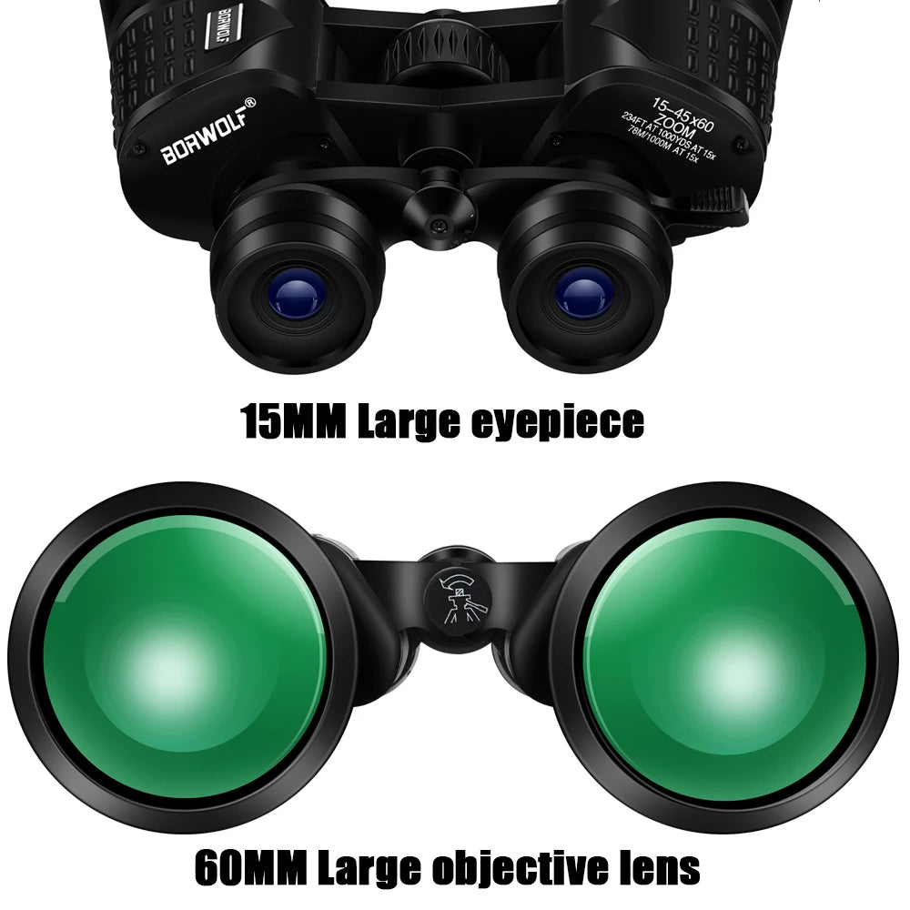 Jumelles BORWOLF 15-45x60 HD – Prisme BAK4, Zoom Puissant, Chasse & Observation