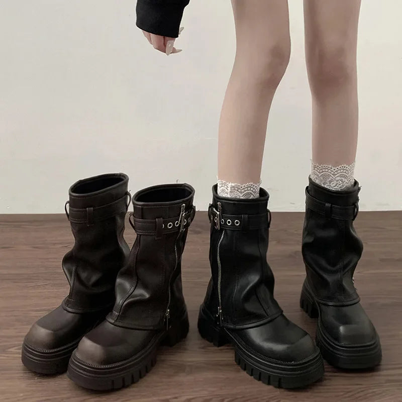 Bottes motardes femme mi-mollet à boucle