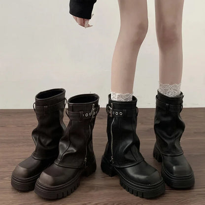 Bottes motardes femme mi-mollet à boucle