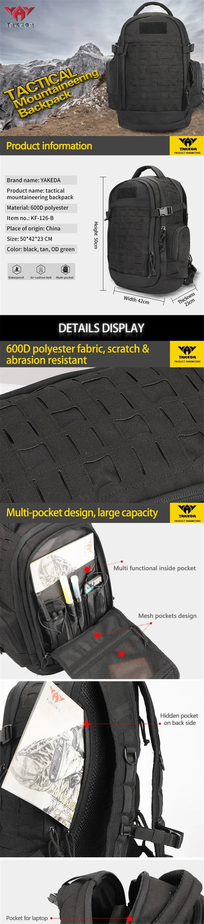 Sac à Dos Tactique YAKEDA – Randonnée, Trekking, Montagne, Camping Camouflage 600D Molle - BLACKBEARD OUTDOOR INDUSTRIES