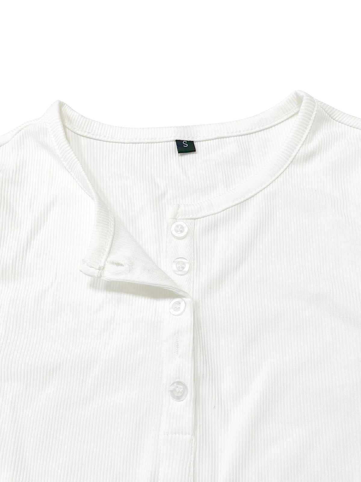 T-shirt côtelé femme manches longues, col rond demi-boutonné