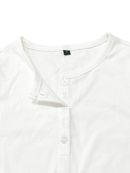 T-shirt côtelé femme manches longues, col rond demi-boutonné