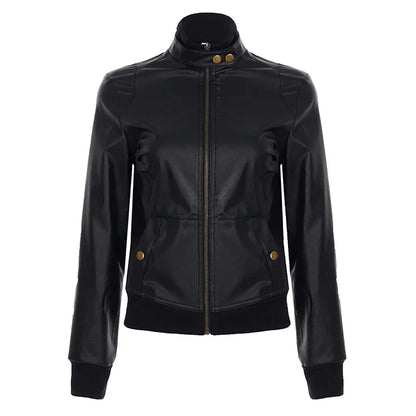 Veste Courte Simili Cuir Femme Col Montant Taille Cintrée – Zip, Style Streetwear Chic