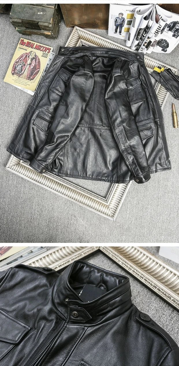 M65 Hunting100% Genuine Leather Jacket Men Cowhide Mid-length Multiple Pockets Coat Winter Autumn Windproof Motorcycle Outwear BLACKBEARD OUTDOOR INDUSTRIES