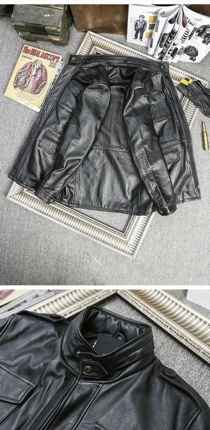 M65 Hunting100% Genuine Leather Jacket Men Cowhide Mid-length Multiple Pockets Coat Winter Autumn Windproof Motorcycle Outwear BLACKBEARD OUTDOOR INDUSTRIES