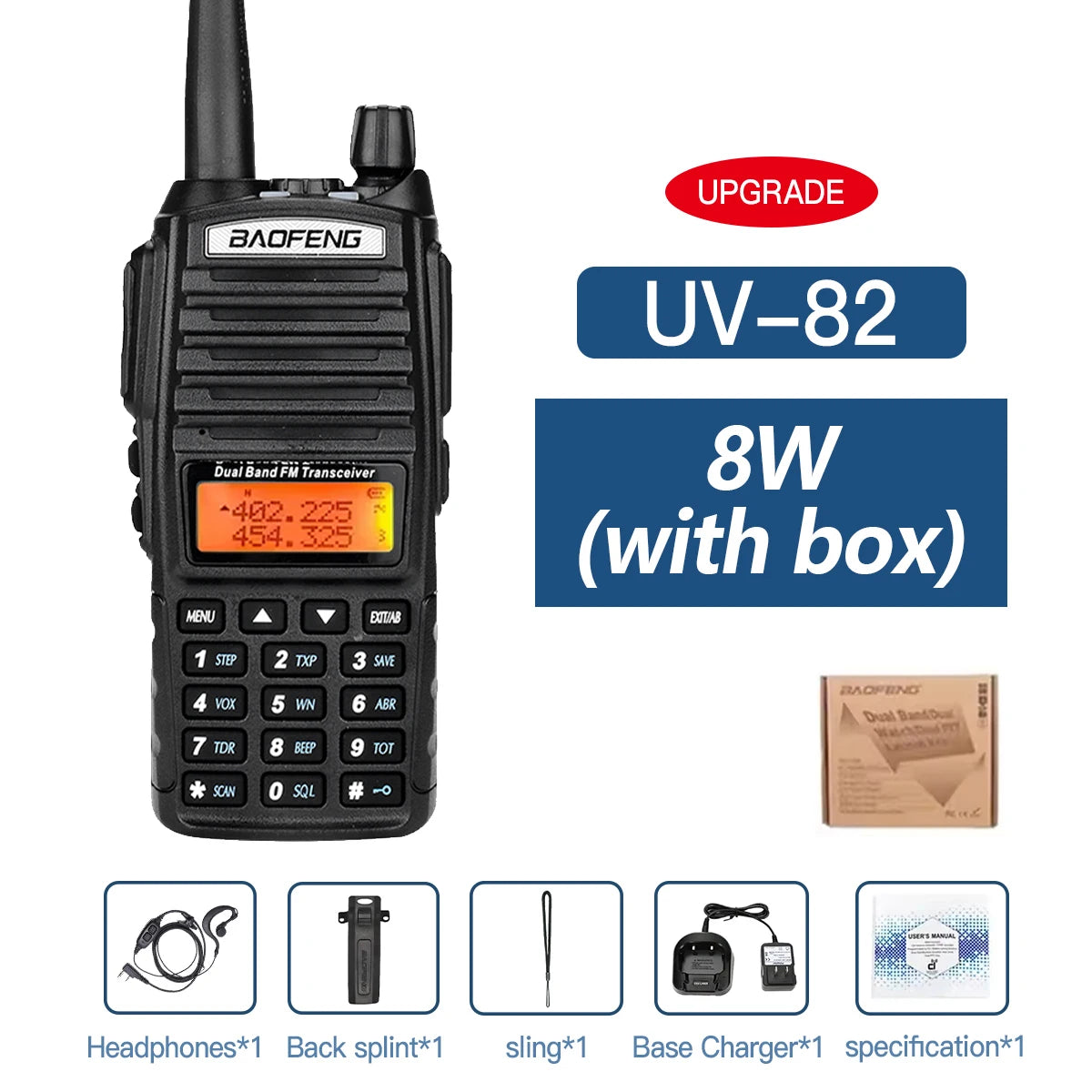 Talkie-Walkie Baofeng UV-82 Double PTT 5W/8W – Radio Amateur VHF/UHF, Portée 10 km