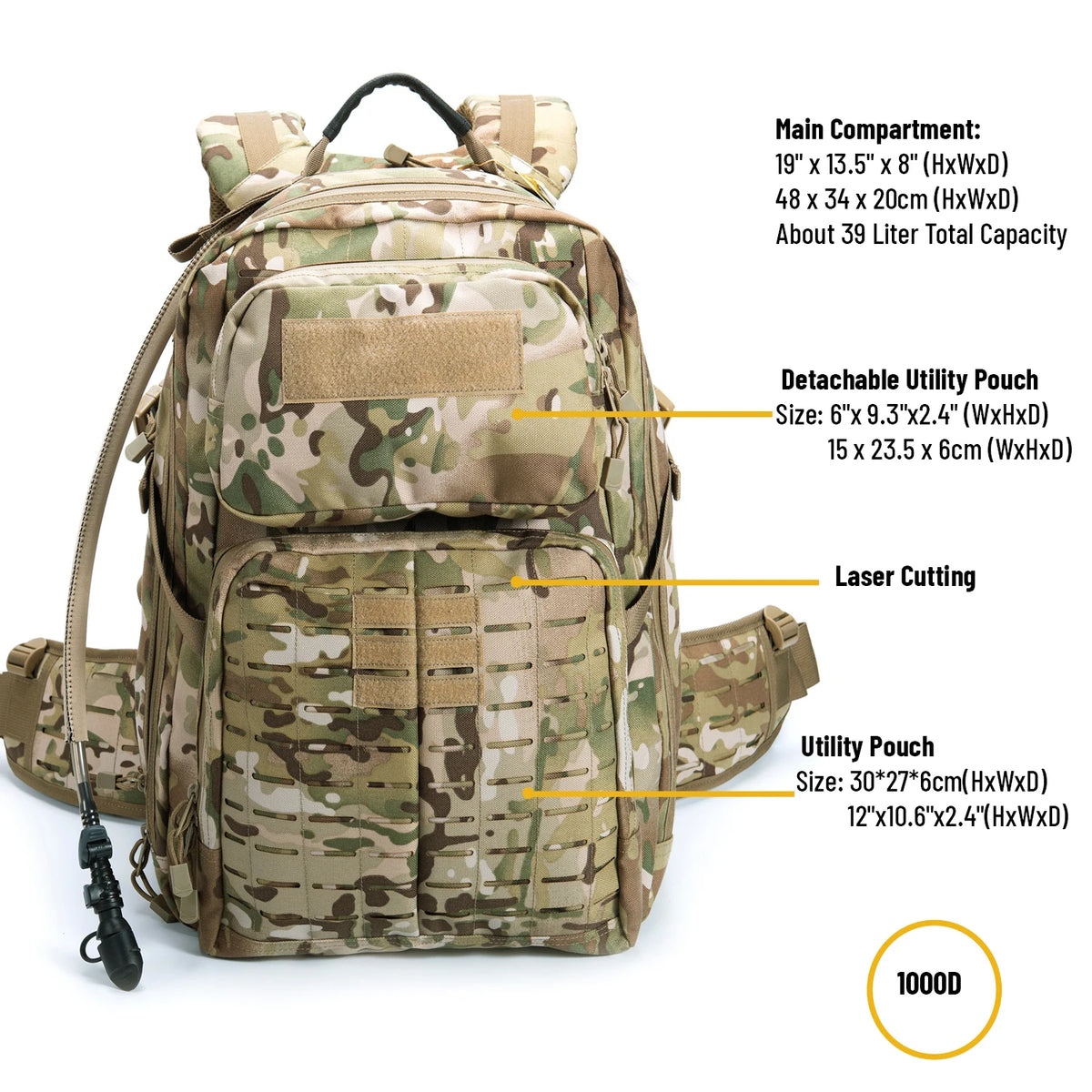 Sac à dos tactique MOLLE 40–50 L avec poche à eau 3 L