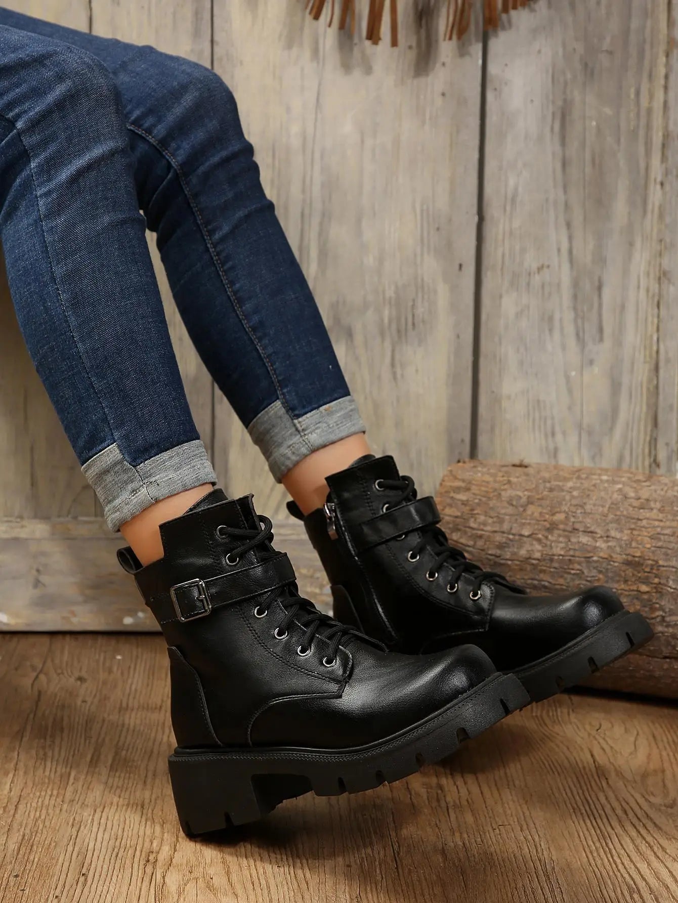 Bottines Femme à Talon Épais – Bottes Combat à Lacets & Fermeture Éclair – Style Punk Rock avec Boucle Ceinture – Pointure Jusqu’au 43 - BLACKBEARD OUTDOOR INDUSTRIES