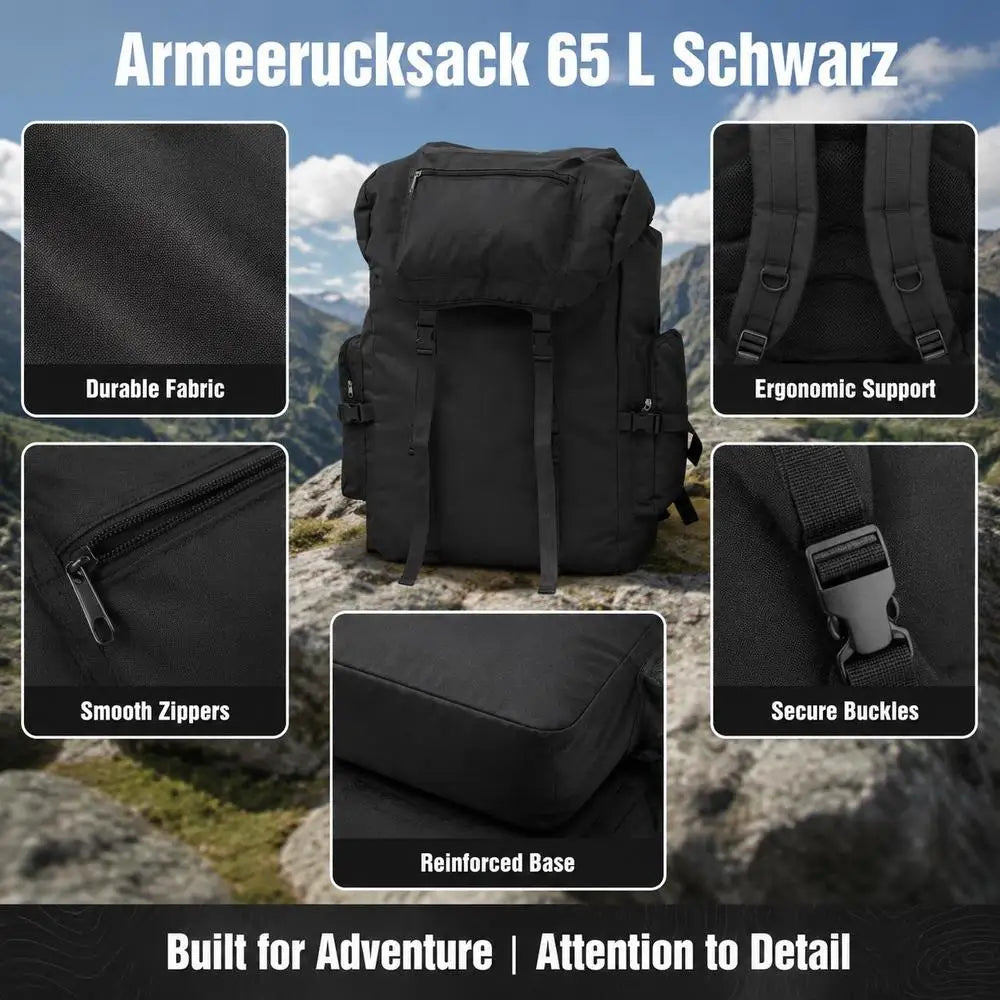 Sac à dos militaire 65 L noir, grande capacité