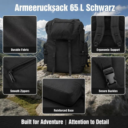 Sac à dos militaire 65 L noir, grande capacité