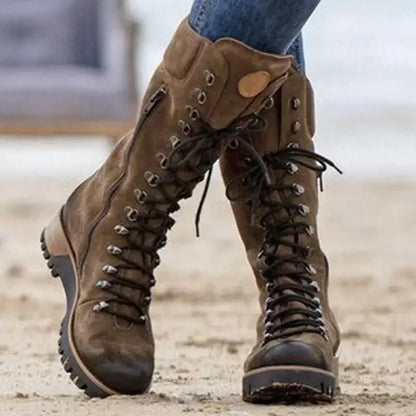 Bottes Femme Mi-Mollet Plateforme Zip – Talon Carré Bout Rond Style Moto Hiver