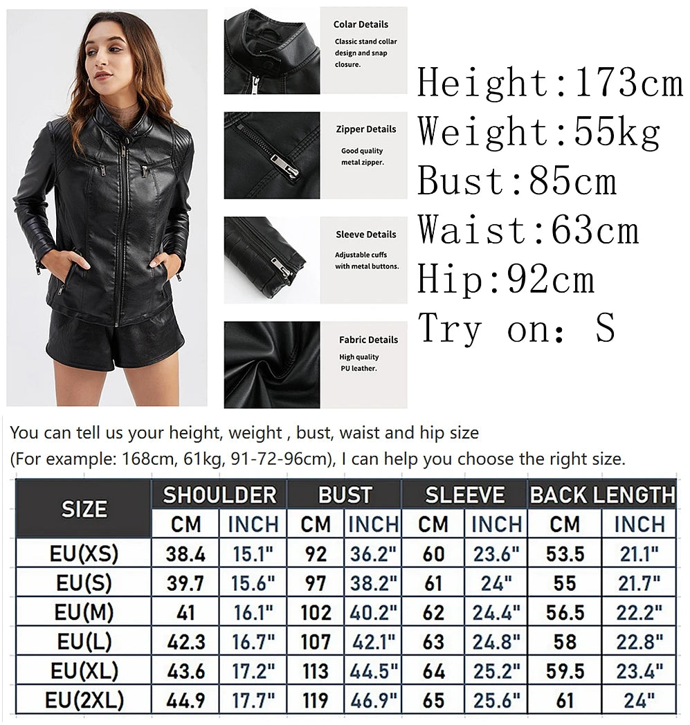 Veste Simili Cuir Moto Femme – 6 Coloris, Col Montant Zip, Printemps Automne