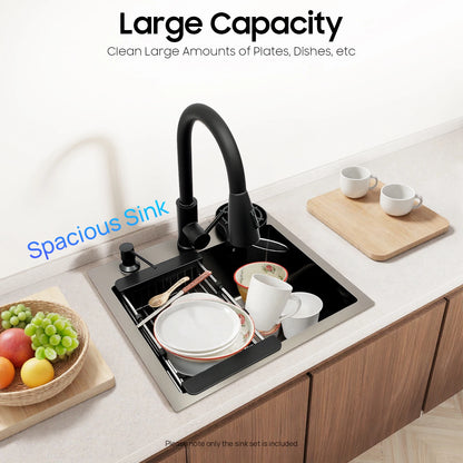 Évier Cuisine Inox 201 Noir Nano – Robinet Rétractable, Rince-Tasse, Panier Égouttoir & Distributeur Savon | 45x40 / 50x45 / 60x45 cm