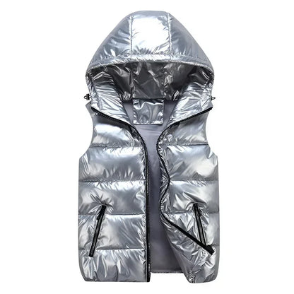 Gilet sans manches matelassé brillant à capuche