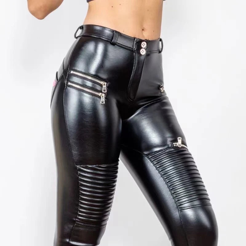 Legging Cuir Femme Taille Haute avec Poches – Style Biker Tactique, Slim Stretch