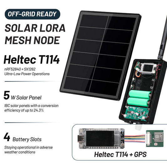 Nœud LoRa Solaire D5L – Meshtastic / Meshcore, IP66, 5W, Heltec T114, nRF52840, SX1262, GPS, 868 MHz