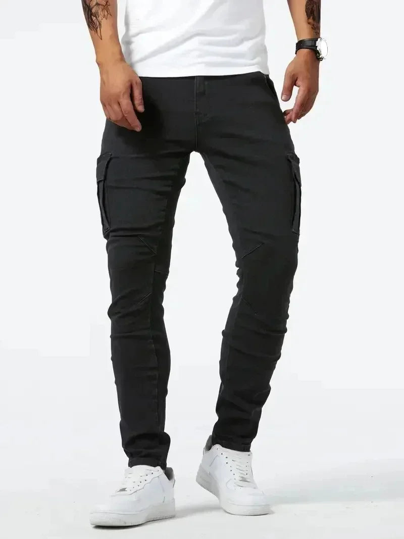 Jean Cargo Slim Stretch Homme – Multi-Poches, Taille Mi-Haute, Style Streetwear