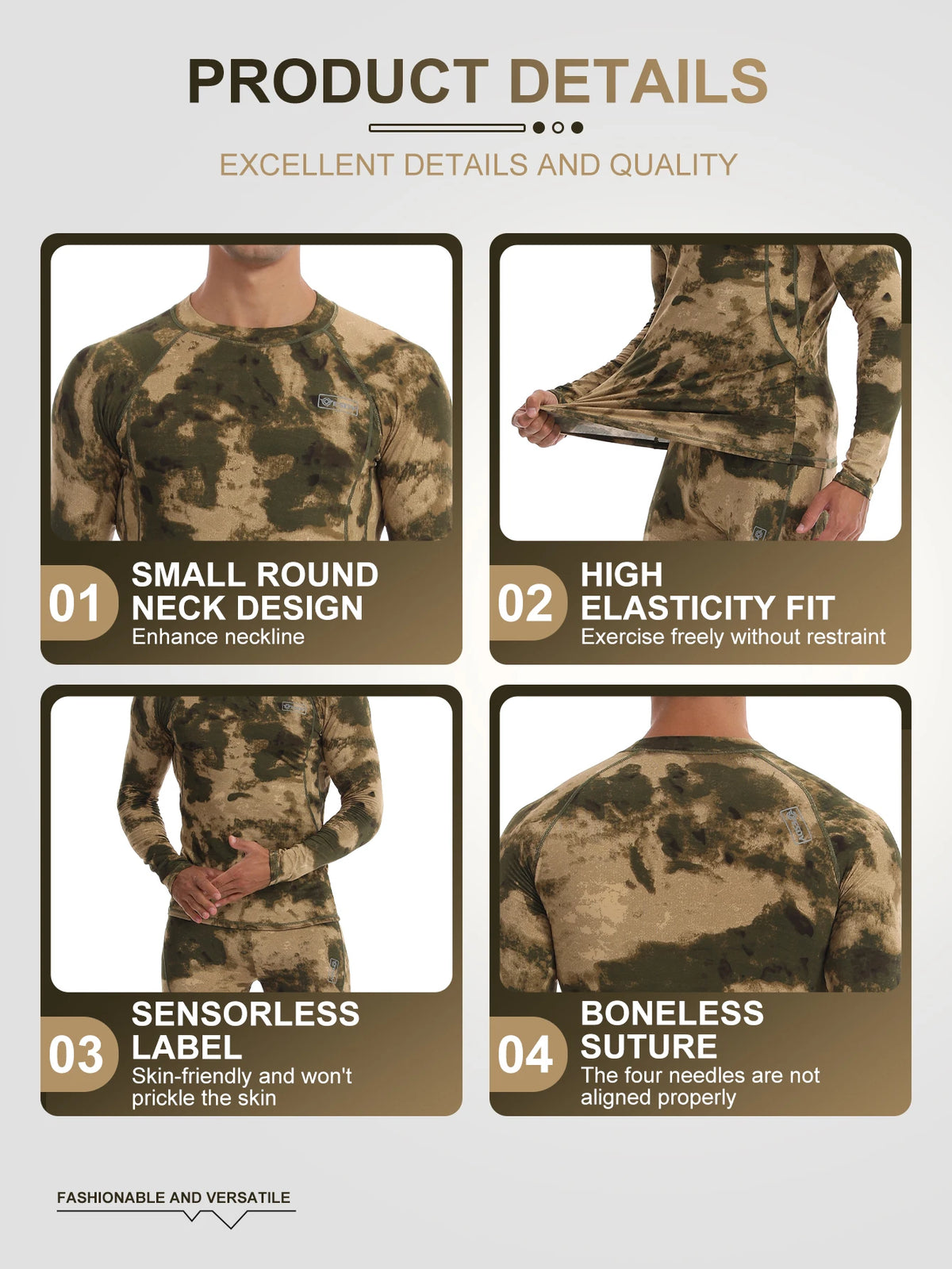 Ensemble Thermique Compression Homme – Sous-vêtement Tactique Camouflage Chasse Ski Montagne