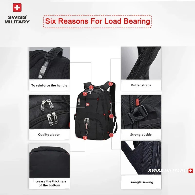 Sac à Dos SWISS 17" pour Ordinateur Portable - Imperméable, avec Port de Charge USB, Multifonction, Style Swiss - Sac de Voyage, de Randonnée et Scolaire - BLACKBEARD OUTDOOR INDUSTRIES