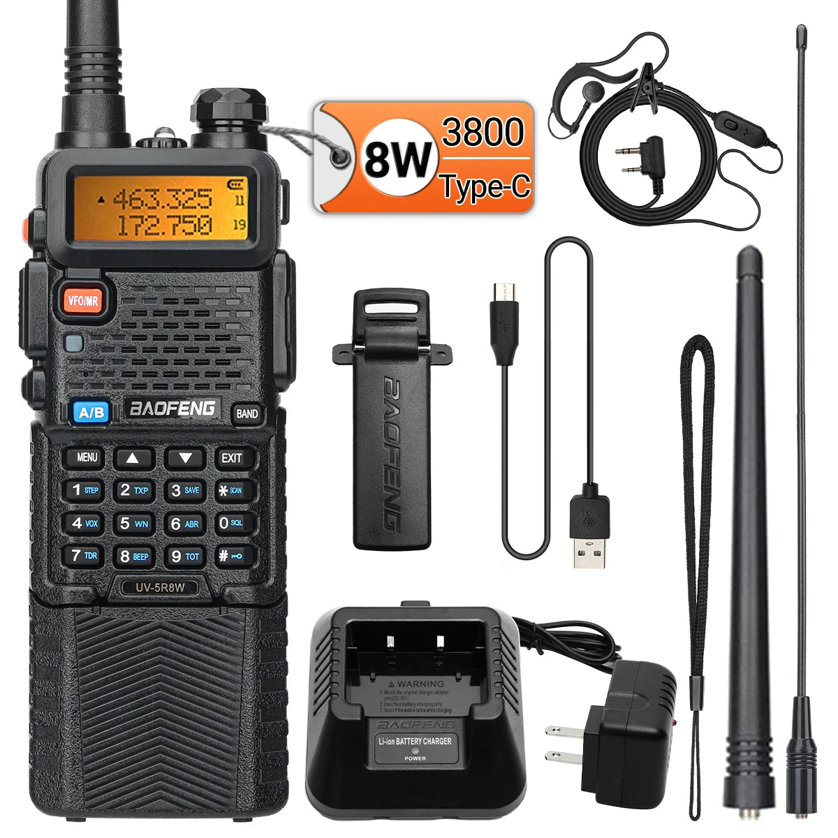 Baofeng UV-5R 8W – Talkie-Walkie Bi-Bande VHF/UHF, Batterie 3800mAh, Charge Type-C - BLACKBEARD OUTDOOR INDUSTRIES