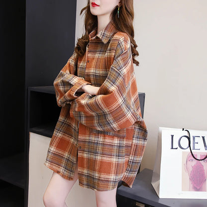 Chemise à Carreaux Femme Manches Longues – Coupe Loose Vintage Preppy Style