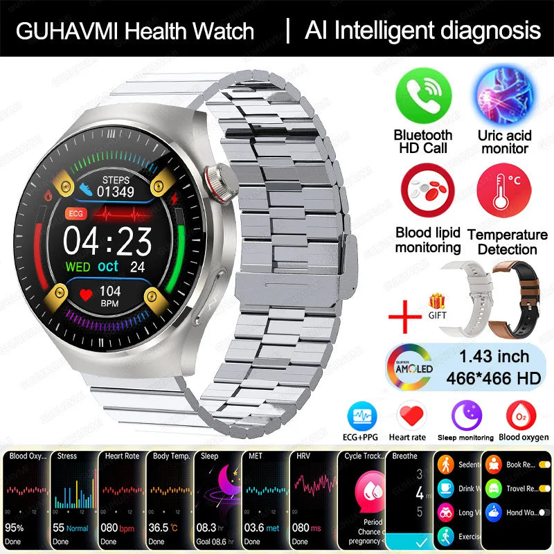Montre Connectée Médicale GUHUAVMI TK26 – ECG+PPG – Uric Acid, Température, Lipides, Appels Bluetooth – Écran AMOLED 1.43” – Étanche IP68 - BLACKBEARD OUTDOOR INDUSTRIES