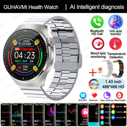 Montre Connectée Médicale GUHUAVMI TK26 – ECG+PPG – Uric Acid, Température, Lipides, Appels Bluetooth – Écran AMOLED 1.43” – Étanche IP68 - BLACKBEARD OUTDOOR INDUSTRIES