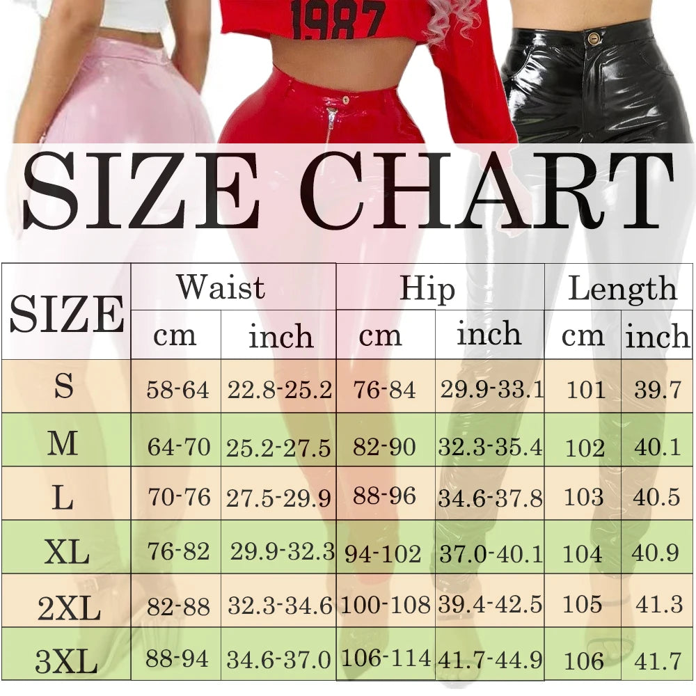 Pantalon vinyle femme taille haute, coupe slim brillante