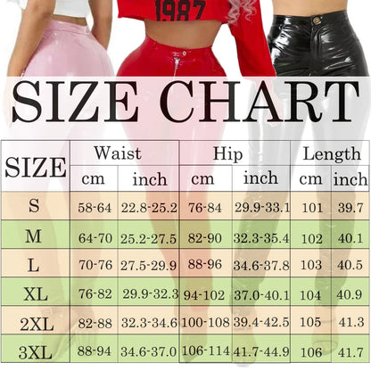 Pantalon vinyle femme taille haute, coupe slim brillante