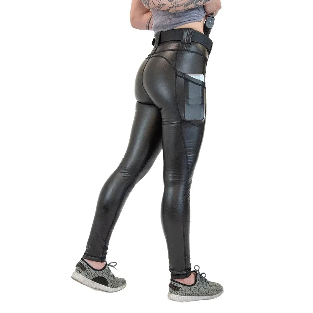 Legging Tactique Simili Cuir Femme Taille Haute – 2 Poches, Compatible Holster & Ceinturon