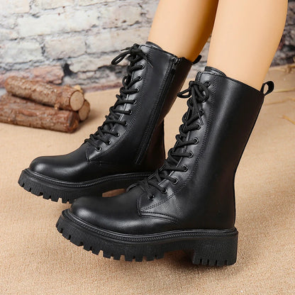 Bottes de Combat Femme Cuir PU – Talon Carré Zip Mi-Mollet Style Britannique
