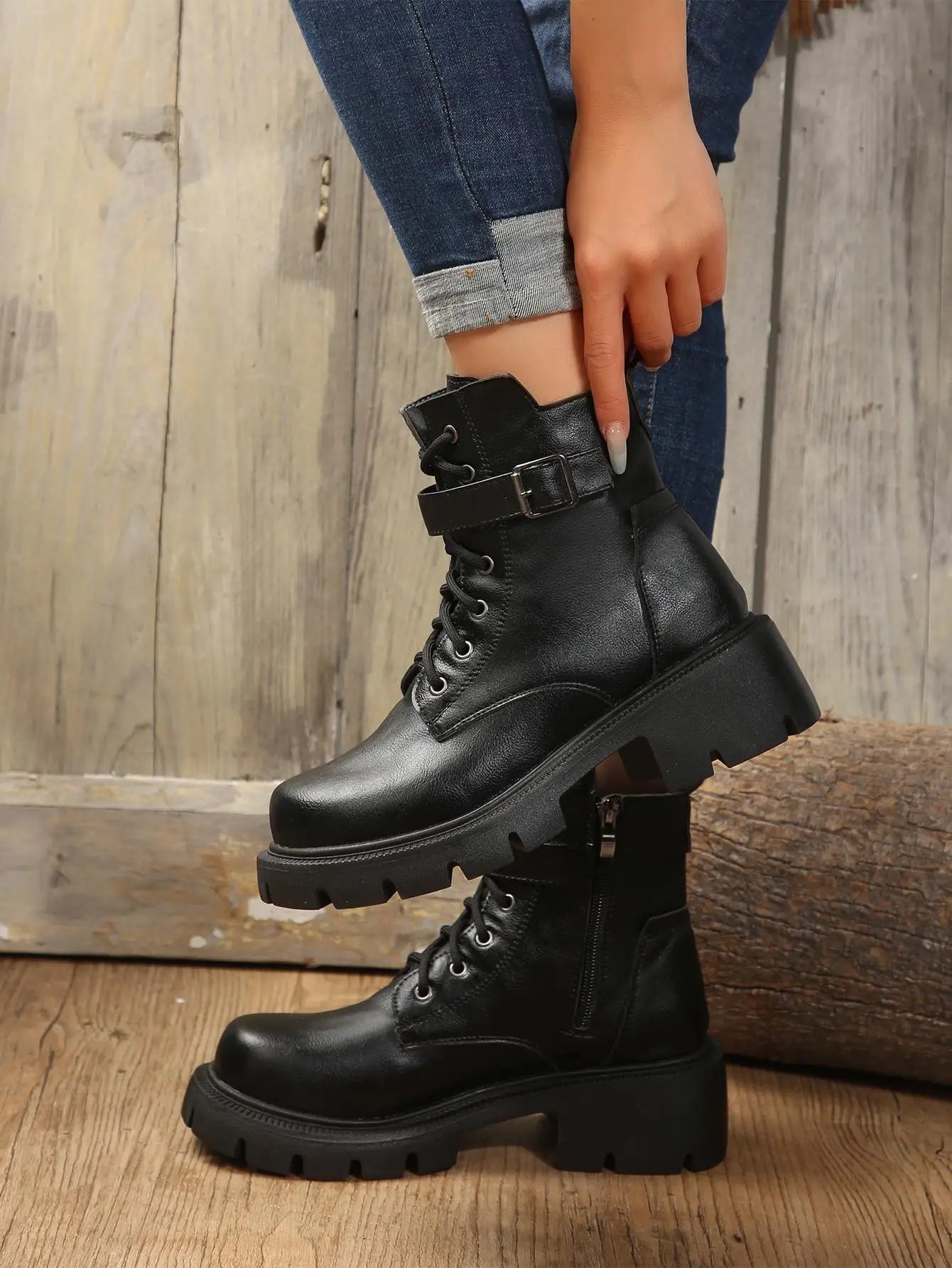 Bottines Femme à Talon Épais – Bottes Combat à Lacets & Fermeture Éclair – Style Punk Rock avec Boucle Ceinture – Pointure Jusqu’au 43 - BLACKBEARD OUTDOOR INDUSTRIES